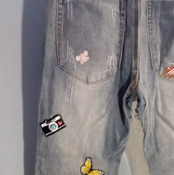Really Cute Embroidered Patches On Denim Joggers with Drawstring - Picture 10 of 13